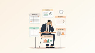 Illustration of a stressed professional sitting at a desk, surrounded by finance-related dashboards labeled payments, FX rates, liquidity, ERP, reporting, and cash position, highlighting complexity in financial management.