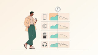 Illustration of a user with multiple channel dashboards showing declining engagement trends, highlighting predictive analytics and early warning signals across mobile, web, banking, and audio channels