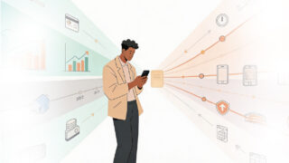 Illustration of a person using a smartphone with data streams, charts, and multiple banking channels converging, representing integrated customer analytics and digital engagement.