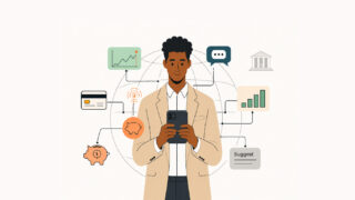 Illustration of a person in a beige blazer using a smartphone, surrounded by connected finance icons such as a credit card, piggy bank, growth charts, bank building, and chat bubbles, representing mobile banking and personal finance management.